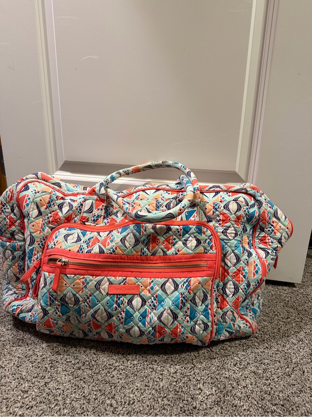 Vera Bradley Coral & Aqua Fish Geometric Quilted Travel Duffel
